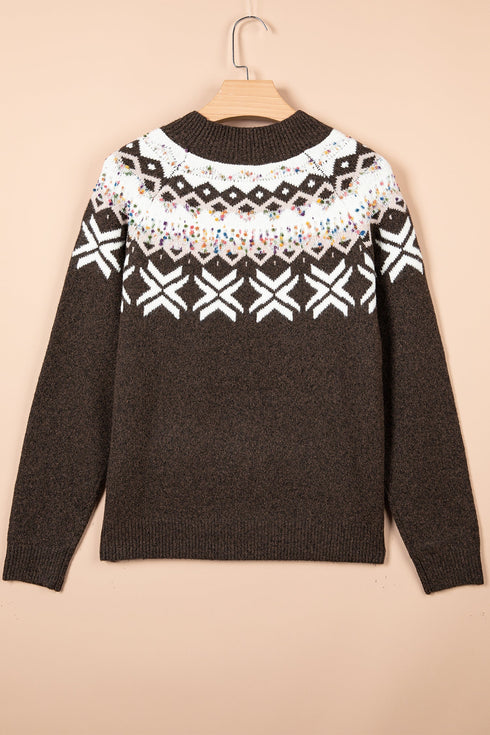 Geometric Pattern Round Neck Shift Knit Sweater