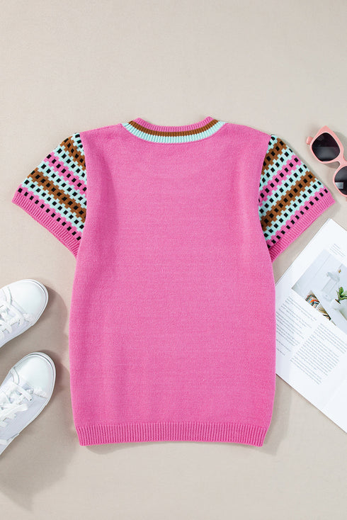 Geometric Pattern Sleeve Ribbed Crew Neck Sweater