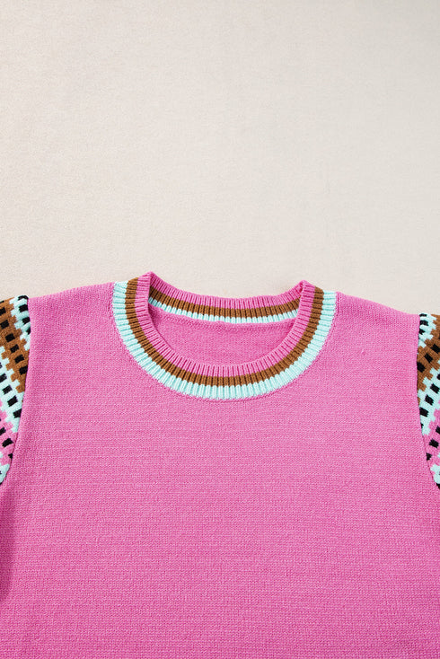 Geometric Pattern Sleeve Ribbed Crew Neck Sweater
