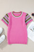 Geometric Pattern Sleeve Ribbed Crew Neck Sweater