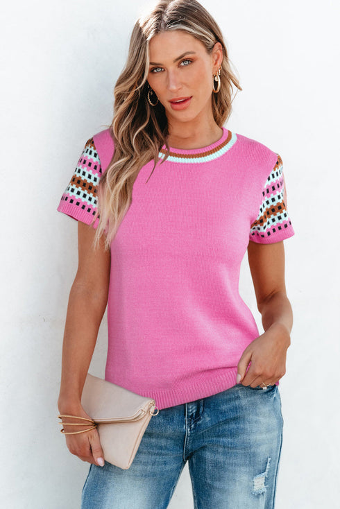 Geometric Pattern Sleeve Ribbed Crew Neck Sweater