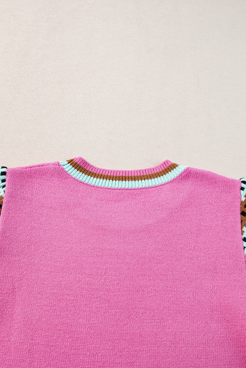 Geometric Pattern Sleeve Ribbed Crew Neck Sweater