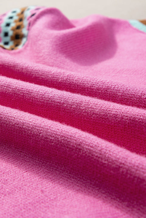Geometric Pattern Sleeve Ribbed Crew Neck Sweater