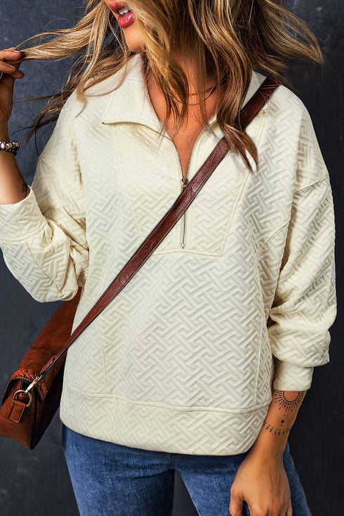 Geometric Pattern Textured Knit Quarter Zip Pullover