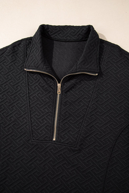 Geometric Pattern Textured Knit Quarter Zip Pullover