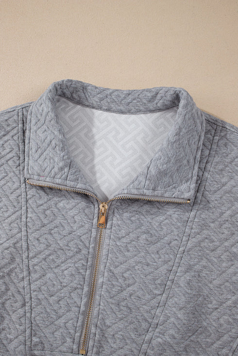 Geometric Pattern Textured Knit Quarter Zip Pullover