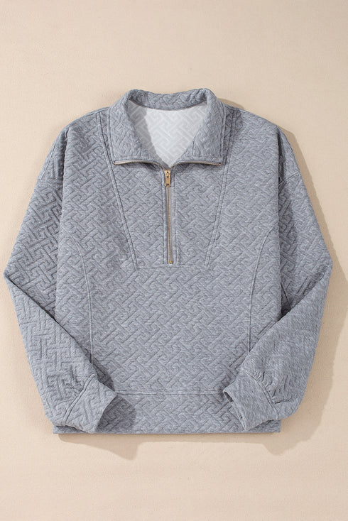 Geometric Pattern Textured Knit Quarter Zip Pullover