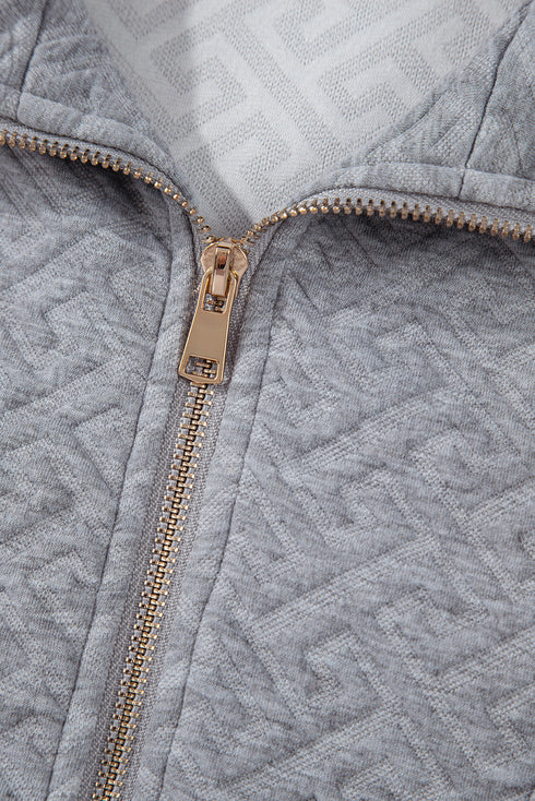 Geometric Pattern Textured Knit Quarter Zip Pullover