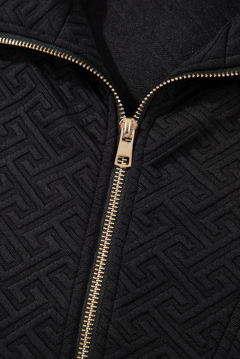 Geometric Pattern Textured Knit Quarter Zip Pullover