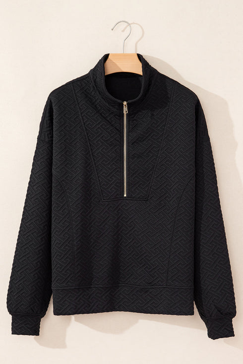 Geometric Pattern Textured Knit Quarter Zip Pullover