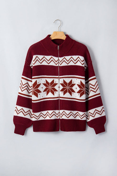 Geometric Pattern Zip Up Long Sleeve Cardigan