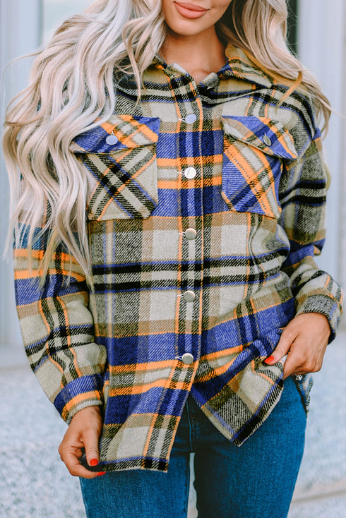 Geometric Plaid Print Pocketed Shacket