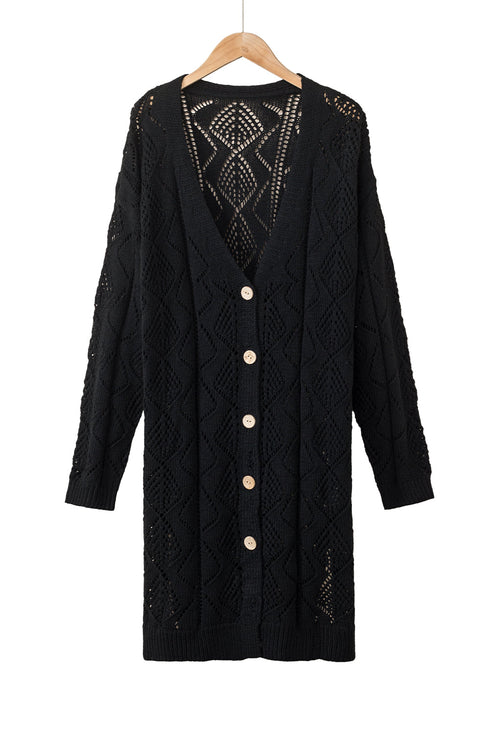 Geometric Pointelle Button Front Long Sleeve Cardigan