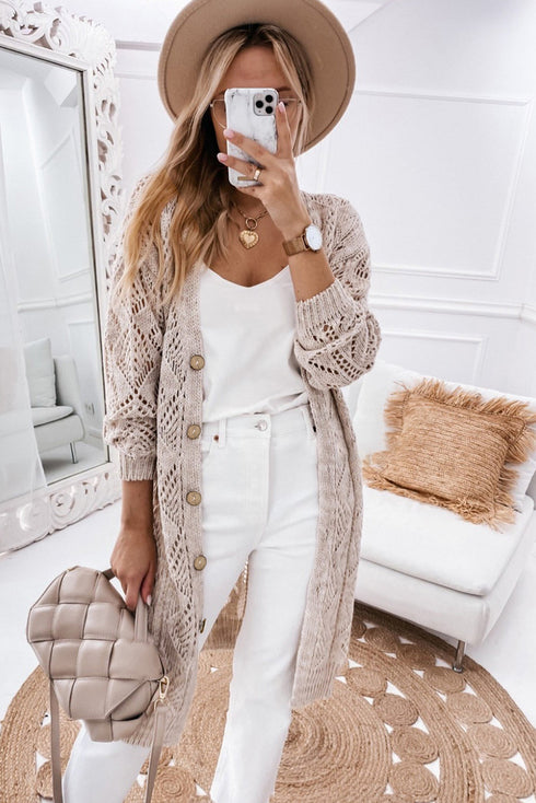 Geometric Pointelle Button Front Long Sleeve Cardigan