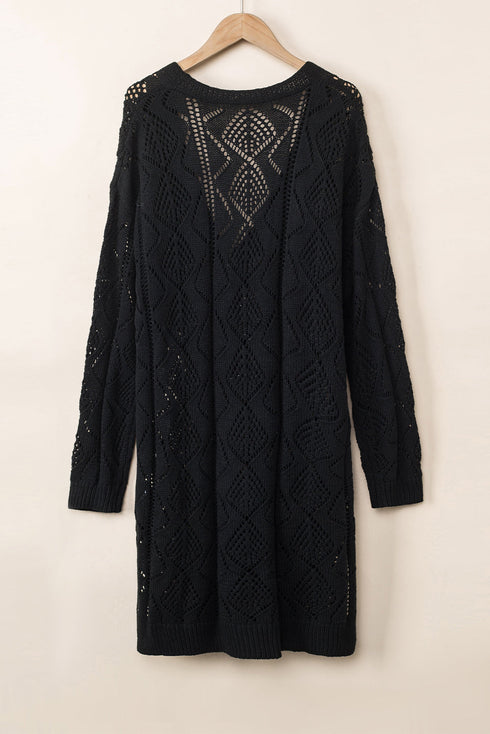 Geometric Pointelle Button Front Long Sleeve Cardigan
