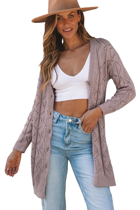 Geometric Pointelle Button Front Long Sleeve Cardigan