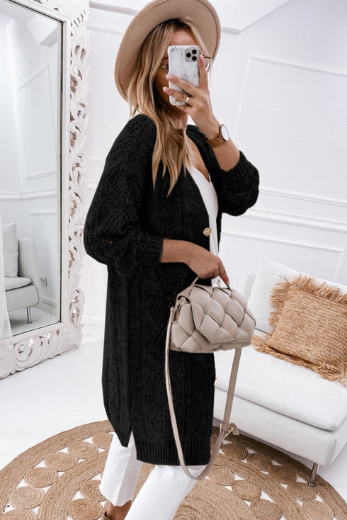 Geometric Pointelle Button Front Long Sleeve Cardigan
