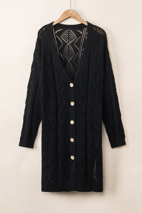 Geometric Pointelle Button Front Long Sleeve Cardigan