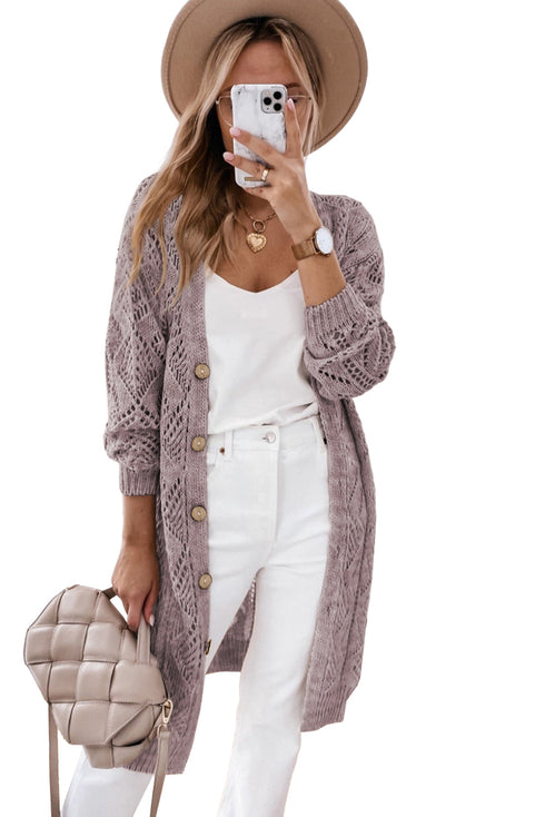 Geometric Pointelle Button Front Long Sleeve Cardigan