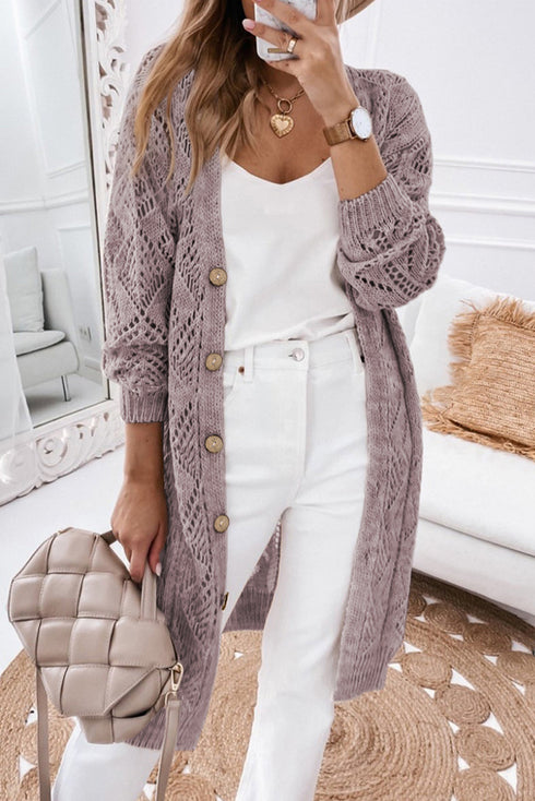 Geometric Pointelle Button Front Long Sleeve Cardigan