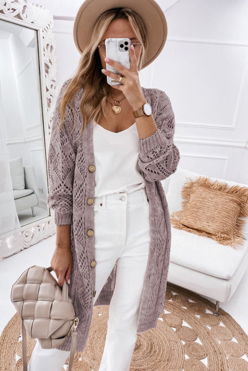 Geometric Pointelle Button Front Long Sleeve Cardigan
