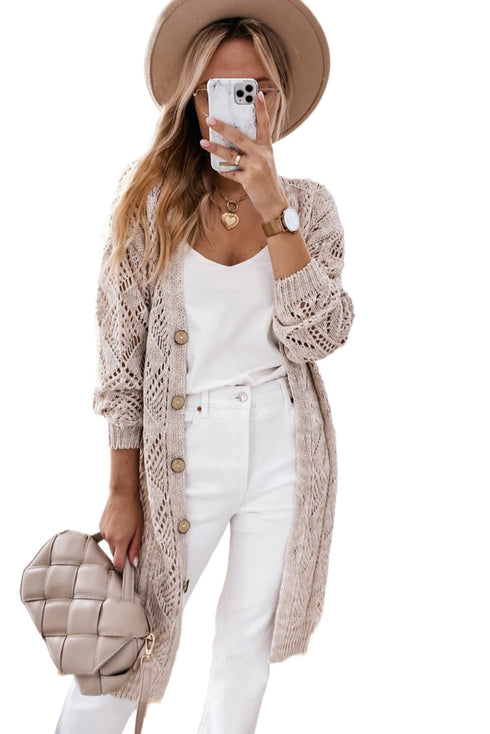 Geometric Pointelle Button Front Long Sleeve Cardigan