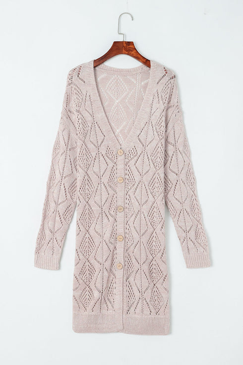 Geometric Pointelle Button Front Long Sleeve Cardigan