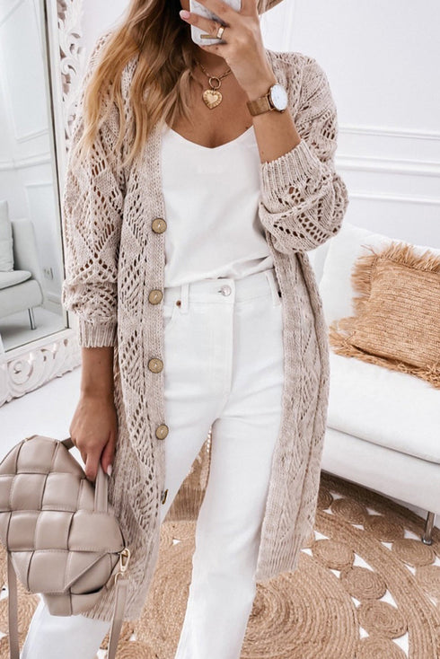 Geometric Pointelle Button Front Long Sleeve Cardigan