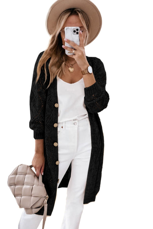 Geometric Pointelle Button Front Long Sleeve Cardigan
