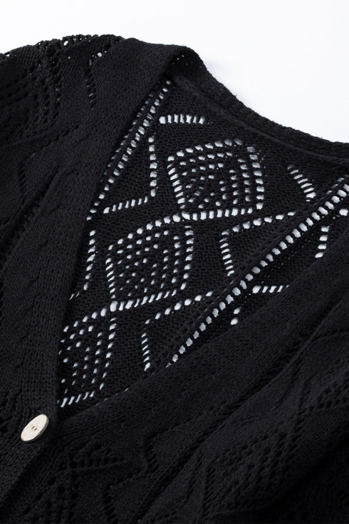 Geometric Pointelle Button Front Long Sleeve Cardigan
