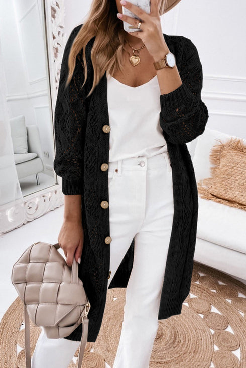 Geometric Pointelle Button Front Long Sleeve Cardigan