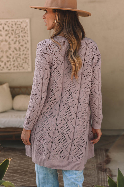Geometric Pointelle Button Front Long Sleeve Cardigan