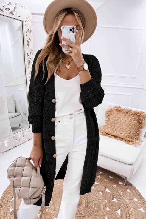 Geometric Pointelle Button Front Long Sleeve Cardigan