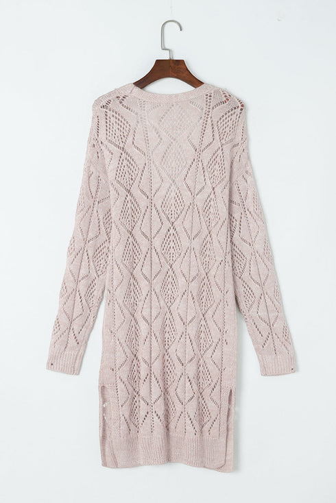 Geometric Pointelle Button Front Long Sleeve Cardigan