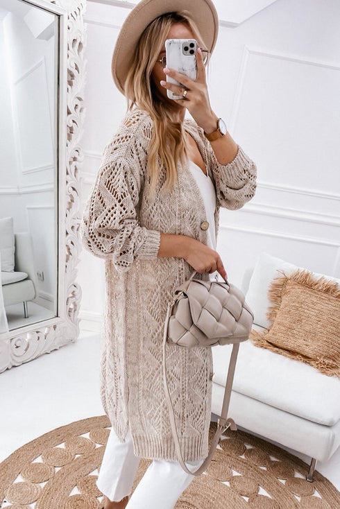 Geometric Pointelle Button Front Long Sleeve Cardigan