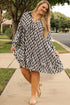 Geometric Print Collared V Neck H Line Mini Dress