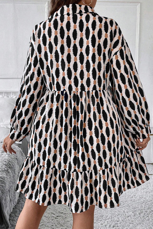 Geometric Print Collared V Neck H Line Mini Dress