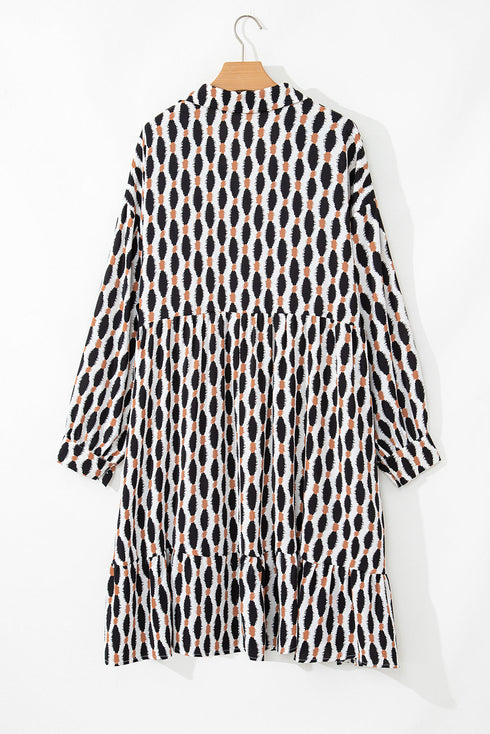 Geometric Print Collared V Neck H Line Mini Dress