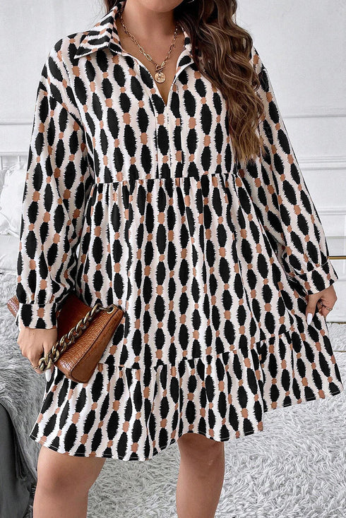 Geometric Print Collared V Neck H Line Mini Dress