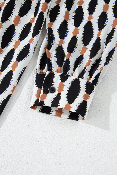 Geometric Print Collared V Neck H Line Mini Dress