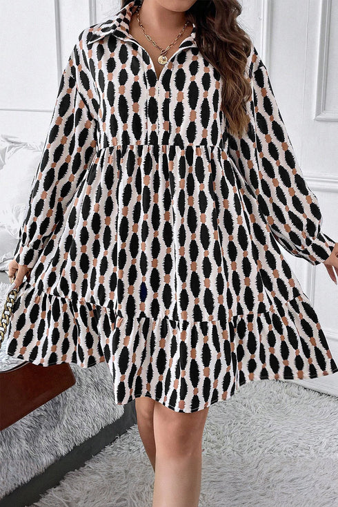 Geometric Print Collared V Neck H Line Mini Dress