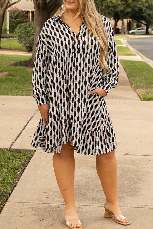 Geometric Print Collared V Neck H Line Mini Dress