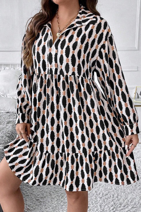 Geometric Print Collared V Neck H Line Mini Dress
