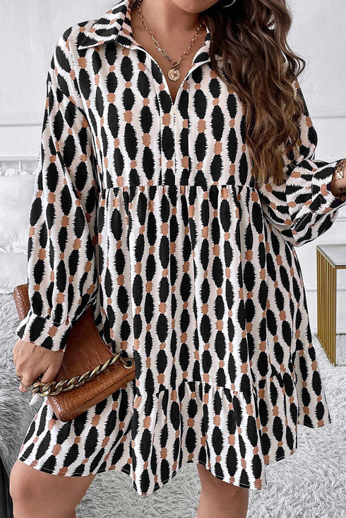 Geometric Print Collared V Neck H Line Mini Dress