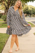 Geometric Print Collared V Neck H Line Mini Dress