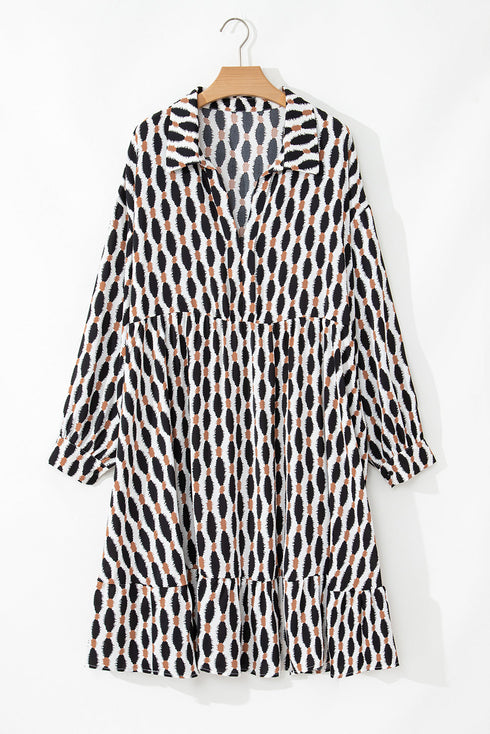 Geometric Print Collared V Neck H Line Mini Dress