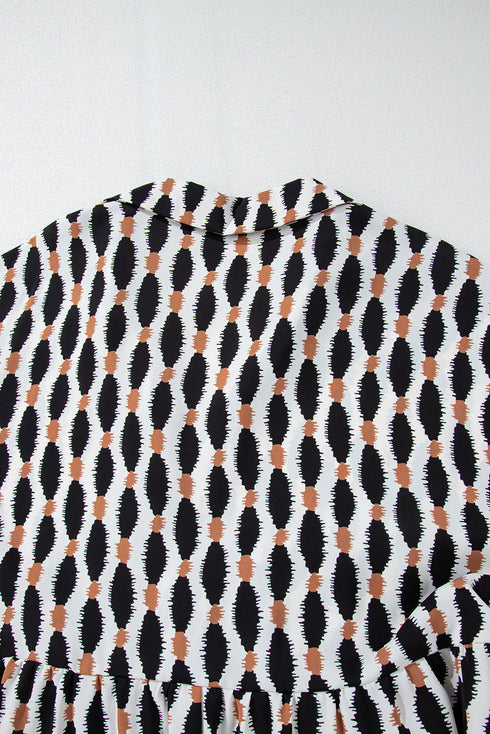 Geometric Print Collared V Neck H Line Mini Dress