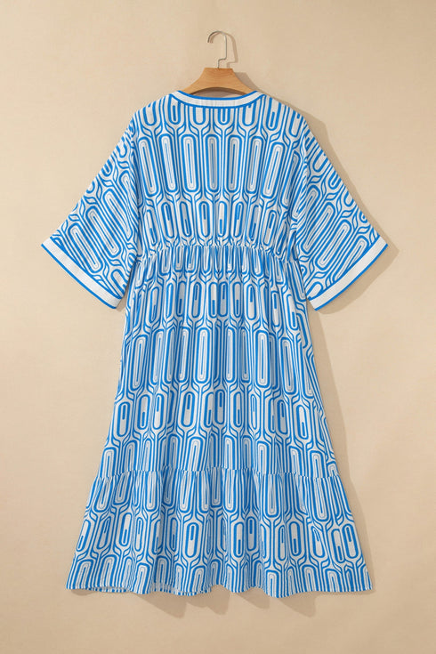 Geometric Print Contrast Trim V Neck A Line Maxi Dress