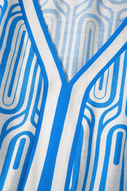 Geometric Print Contrast Trim V Neck A Line Maxi Dress