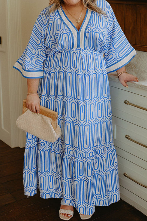 Geometric Print Contrast Trim V Neck A Line Maxi Dress